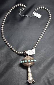 lot 31 image: Tim Yazzie Navajo Handmade Sterling Silver and Kingman Turquoise Bell Flower Necklace