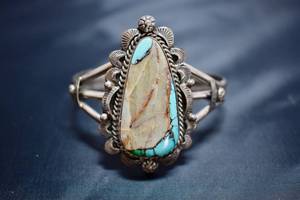 lot 36 image: Boulder Turquoise Cuff in Sterling Silver by Navajo Artist Betty A. Lee