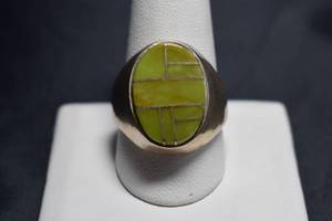 lot 63 image: Stamped Sterling Silver and Green StoneTurquoise Inlay Ring