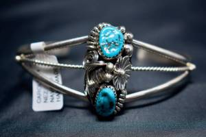 lot 67 image: Intricate Turquoise Floral Cuff Bracelet by Carol Lynn