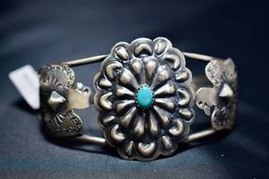 lot 68 image: Sterling Silver Eagle  Floral Turquoise Bracelet