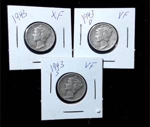 lot 222 image: 1943 D, P  S Mercury Dimes
