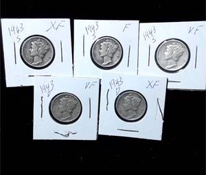 lot 224 image: 1943-Sx4  1 1943-D Mercury Dimes (5 total)