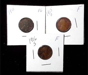 lot 282 image: 1915, 1915-D  1916-S Wheat Pennies