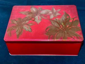 lot 340 image: Red and Gold Floral Tin box for random items or presents