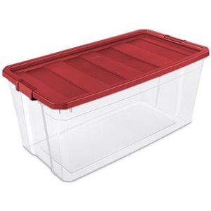 lot 86 image: Sterilite 50gal Clear Stacker With Red Lid And Latch