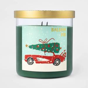 lot 122 image: 15.1oz Lidded Glass Jar 2-Wick Candle Balsam Fir Tree on Car Roof Design - Opalhouse