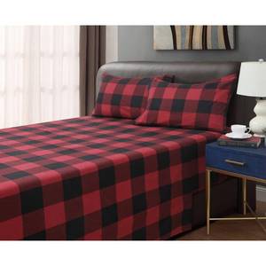 lot 3875 image: Queen RedBlack Queen Dresden Buffalo Plaid 4 piece Cotton Flannel Sheet Set