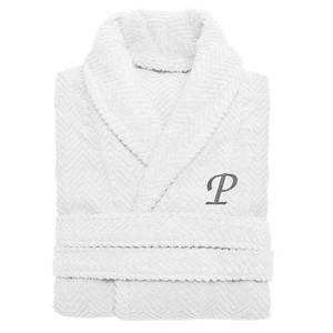 lot 4001 image: LargeXL (P) Authentic Hotel and Spa White with Grey Monogrammed Herringbone Weave Turkish Cotton Unisex Bath Robe-Retail$102.49
