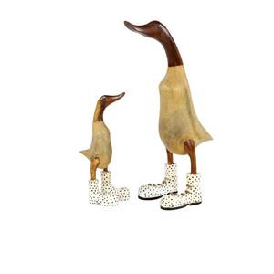 lot 4012 image: Litton Lane Decorative Natural Wood Ducks w White Polka Dot Shoes Sculptures Table Decor, Set of 2, Brown