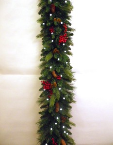 lot 3867 image: 9 Foot- Traditional Woodland Berry Garland BO wWarm White & Multi LED Lights- Retail$84.49