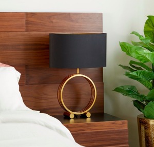 lot 3922 image: Modern Metallic Gold Table Lamp with Black Drum Shade, 18 x 25- Retail$119.49