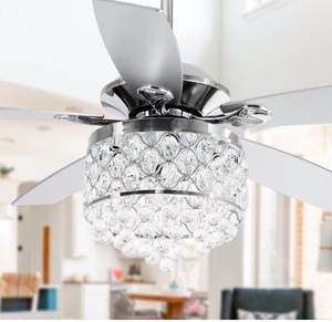 lot 3980 image: Chrome 4-Light Chandelier Crystal 5-Blade Ceiling Fan with Remote- Retail$176.49
