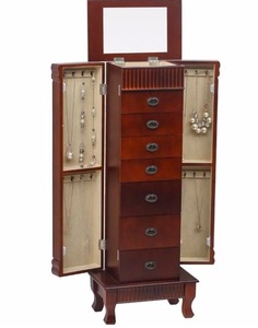 lot 4005 image: Standing Jewelry Armoire Cabinet Makeup Mirror and Top Divided Storage Organizer, Large Standing Jewelry Armoire Storage Chest- Retail$137.49