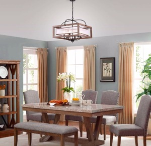lot 4006 image: Alina Antique Black Metal Natural Wood Chandelier with Fabric Shade- Retail$146.49
