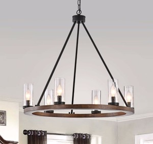 lot 4055 image: Daniela Natural Wood and Antique Black Metal Bubble Glass Chandelier- Retail$166.99
