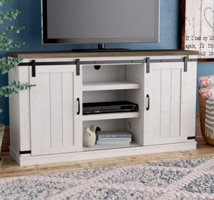 lot 4058 image: Bli Barn Door TV Stand for 60 Inch With Cable Management,Gray- Retail$172.99