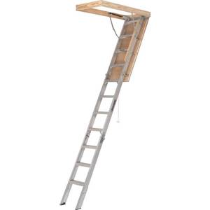 lot 23 image: Louisville Ladder 7 ft. 8 in. to 10 ft. 3 in., 25.5 in. x 54 in. Aluminum Attic Ladder with 375 lbs. Maximum Load Capacity