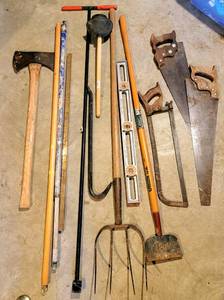 lot 8047 image: (14) Piece Lot of Gardening, Garage & Household Tools - Axe, Hand Saws, Sands Level, Water Shut Off Key, Union Garden Hoe  more