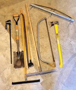 lot 8048 image: (9) Piece Tool Lot - Floor Squeegee, Long Handle Concrete Tool Float, Magnetic Pickup Tool, Ludell Axe, Bow Saw  more