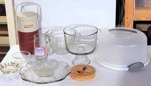 lot 8054 image: (11) Pieces Variety Kitchen Lot - Pyrex Measuring Bowl, Glass Trifle Dish, Cake Carrier, Hamburger Press, Coleman Thermos  more