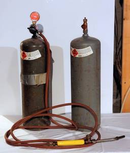 lot 8063 image: Vintage Prest-O-Lite Acetylene Tanks with Regulator, Gauge & Torch