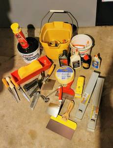 lot 8076 image: Large Home Improvement & Drywall Lot - (2) Stanley Drywall Footlifts, (3) Hand Rasps, Drywall Saws plus More