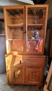 lot 8100 image: Beautiful Vintage Wooden China Cabinet with Carved Detail  33 W x 15 D x 65.5 T