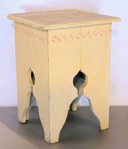 lot 8111 image: Painted Wooden Stool with Decorative Cutout Legs 12.5 W x 12.5 D x 17.5 T