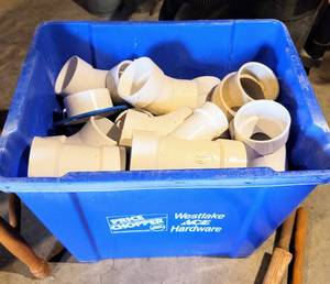 lot 8079 image: Blue Bin Full of PVC Pipe Fittings  Pipes Lot