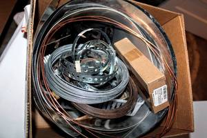 lot 8070 image: 24 Faucet Connectors, Metal Shims Spacers, Metal mounting Bracket Rings, Adjustable Stainless Steel Duct Clamps Hose Clamps, Aluminum Sheeting, Wires