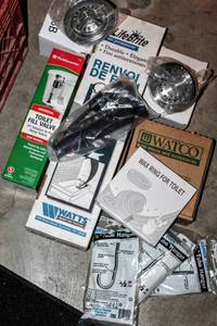 lot 8037 image: Plumbing Hardware, Tools and Supplies. Toilet Fill Valve, Wax Rings, Tube Hangers, Plumbers Putty, PVC Pipes, Primer, Tapes and more
