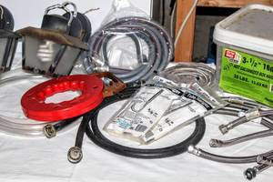 lot 8071 image: 30 LB Box of Galvanized Nails, Tube Hangers, Pair of Vintage Outdoor Lights, Stream Line, Several Appliance Hoses, Lavatory and Faucet Connectors