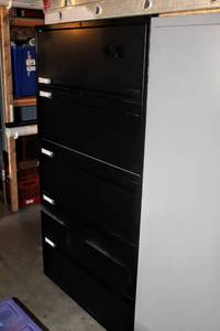 lot 8031 image: Black Metal Industrial Cabinet, 4 Drawer and Top Slide Out Shelf 36 Wide x 65.5 Tall x 18 Deep