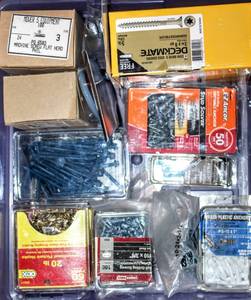 lot 8072 image: Large Assorted Lot of Nails, Screws, Fasteners, Nuts, Toggle Bolts, Anchors, Hooks and more Hardware
