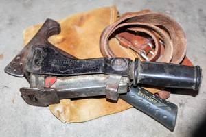 lot 8010 image: Titan Tool Box with Bostitch Model H6B Stapling Hammer, Estwing Shinglers Hammer, Husky Knee Pads, Leather Neck Work Belt & Bag Pouch, (2) Pneumatic 2-way Connector, Several Chalk Line Reels and more