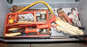 lot 8018 image: The Ridge Tool Co. Elyria Ohio U.S.A. (1) 24 Heavy Duty Adjustable Wrench, (2) Heavy Duty 18 Adjustable Pipe Wrench, (2) Heavy Duty Husky 14 Adjustable Pipe Wrench, Hempe Mitre Box, (2) Saws and Pair of Work Gloves