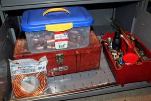lot 8019 image: Vintage Red Metal WI Tool Box FULL of Wrenches, Saws, Clamps, Cutters and MORE, Plastic Handyman Box Full of Assorted Plumbing Supplies, Storage Box Full of New Copper Piping, NEW Ice Maker Installation Kit and Gate Valves
